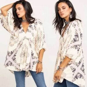 Free People Girl‎ Talk Printed Tunic Top Dress Ivory Combo Boho Women Medium